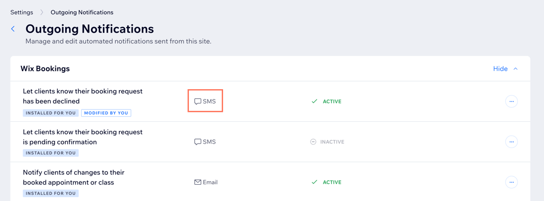 A screenshot of highlighting which notification is sent by SMS in the Outgoing Notifications page in the dashboard.