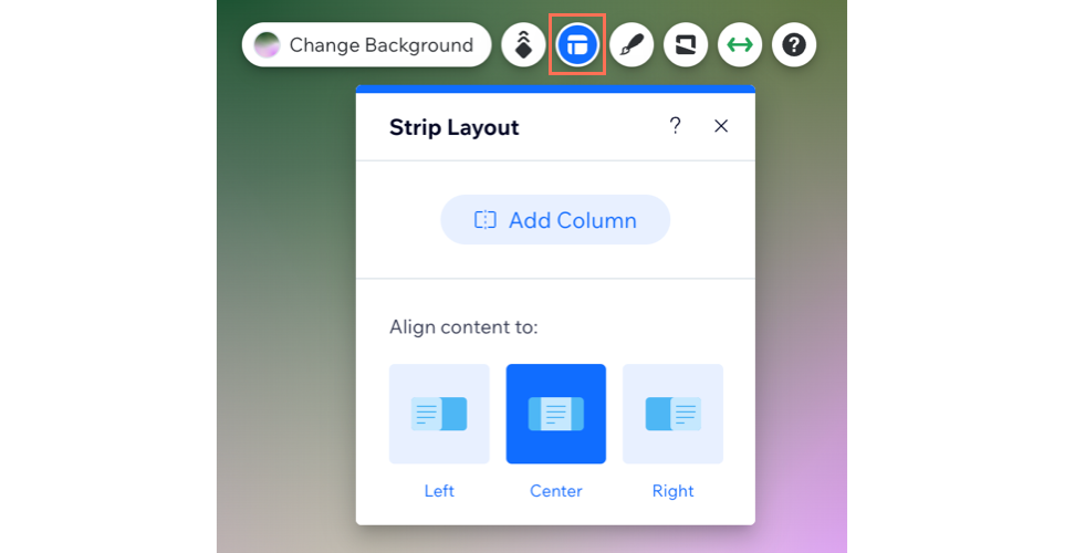screenshot van de strook geselecteerd in de Wix Editor. indelingspictogram geselecteerd, kolompaneelknop toevoegen weergegeven.