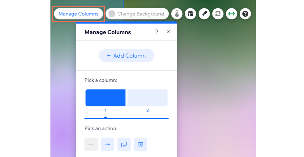 screenshot van kolom op strook geselecteerd in Wix Editor. geselecteerde kolom beheren, kolom toevoegen-knop weergegeven.