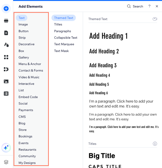 A screenshot of the Add Elements panel in the Wix Editor.