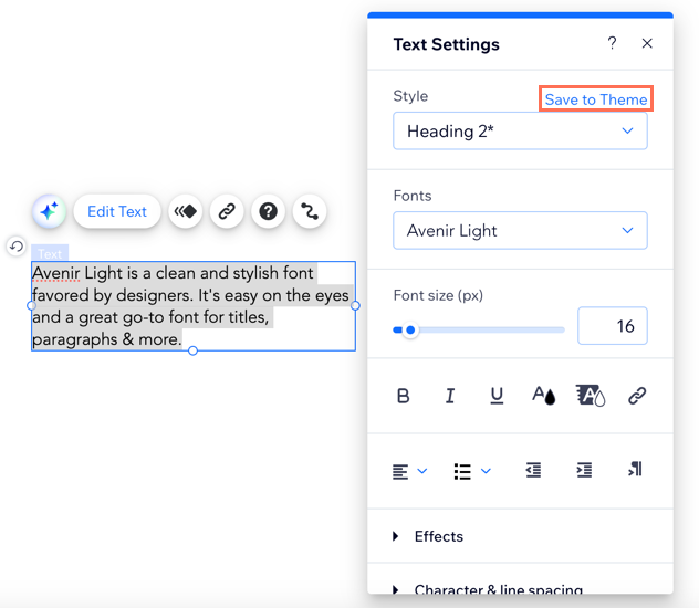 The text settings panel in the Editor. The Save to Theme button is highlighted.