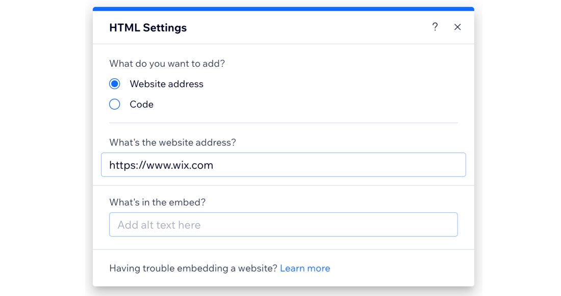 A screenshot of the HTML settings in the Wix editor.