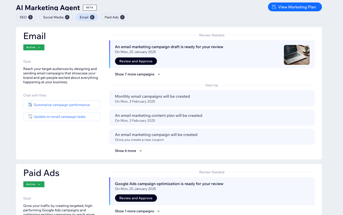 A screenshot of the AI Marketing Agent dashboard.