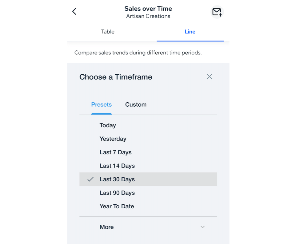 A screenshot of selecting a time period in an Analytics report in the Wix app.