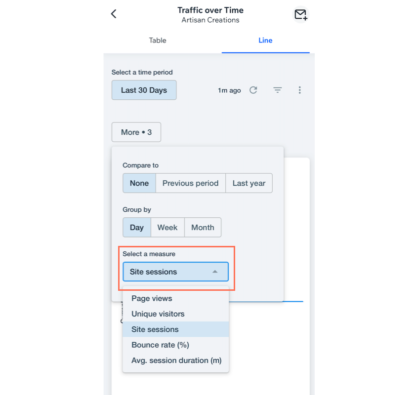 A screenshot of selecting a measure in a report in the Wix app.