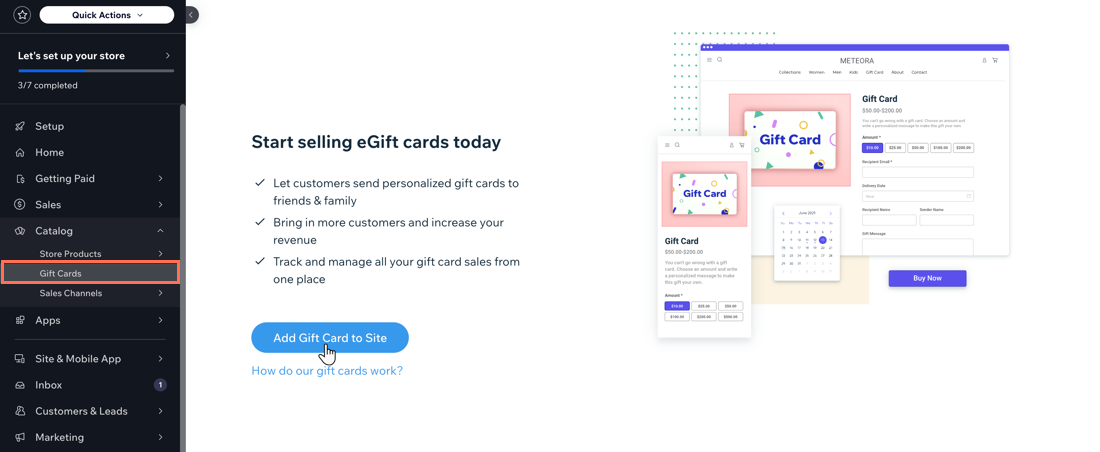 A screenshot of the Gift Cards page in a site's dashboard.