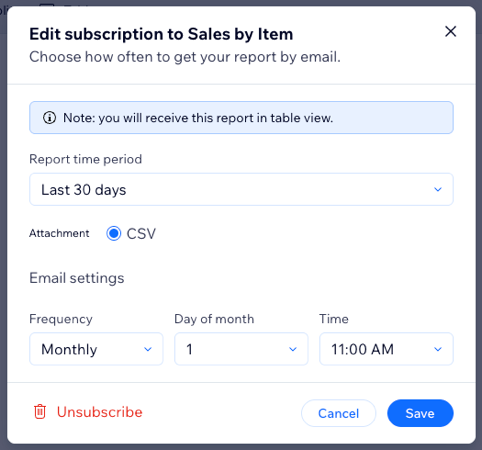 A screenshot of the Unsubscribe option for a report in the site dashboard.
