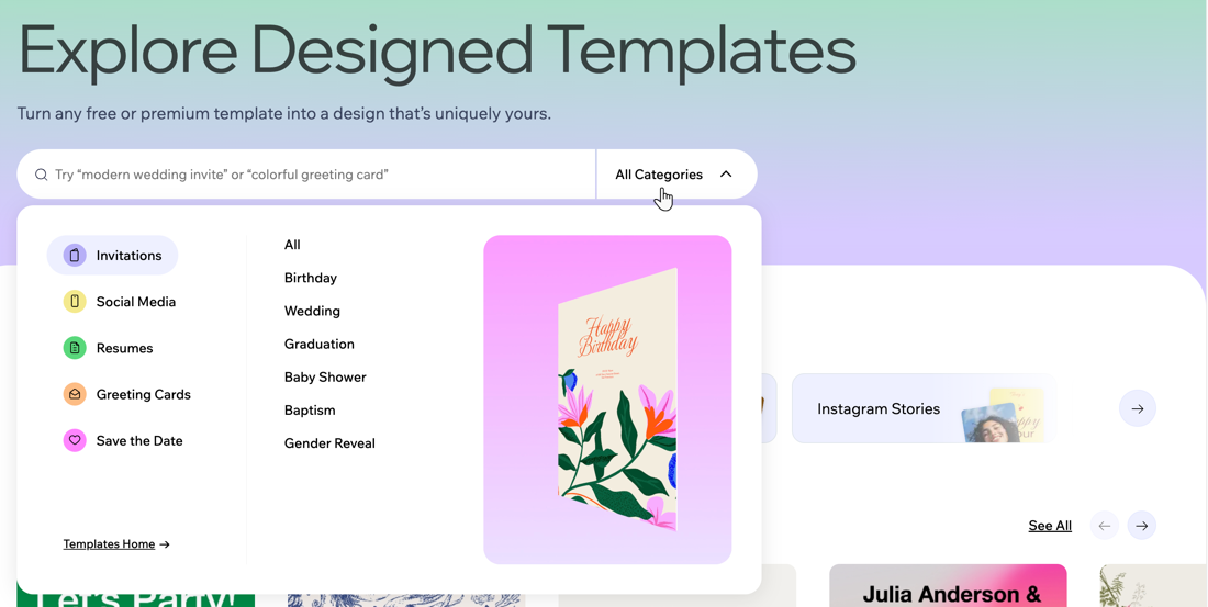 A screenshot of the categories for Wixel's templates.