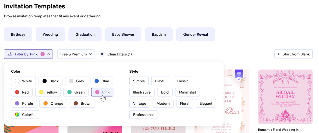 A screenshot of filtering templates in Wixel.