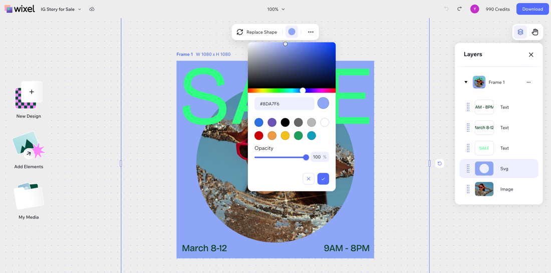 A screenshot of choosing a background color for an image in Wixel.