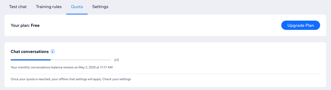 Screenshot della scheda Quota che mostra il numero di conversazioni rimanenti