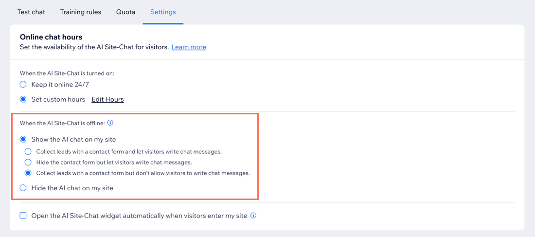 Screenshot della scheda Impostazioni del Pannello di controllo dell'Assistente AI Chat con le opzioni degli orari offline in evidenza
