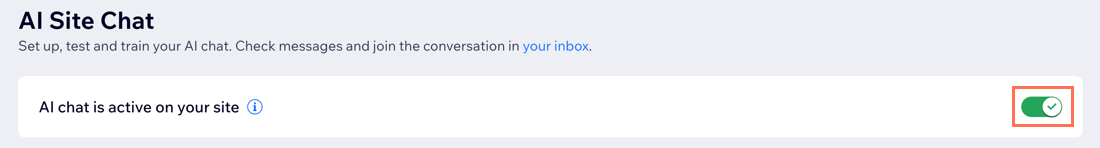 Screenshot dell'AI Site Chat nel Pannello di controllo, con l'interruttore di attivazione abilitato ed evidenziato