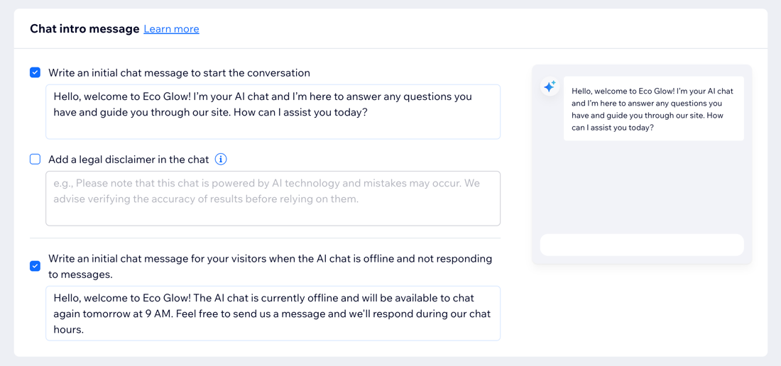 A screenshot of a Chat intro message with an example message entered in the text box.