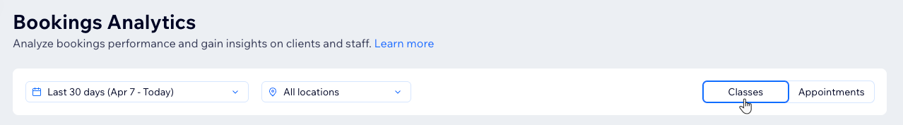 A screenshot of selecting the Classes view at the top of the Bookings Analytics page.