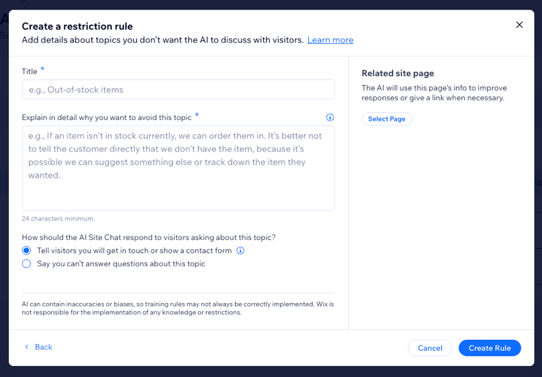 A screenshot of creating a restriction rule in the Wix AI Site Chat.