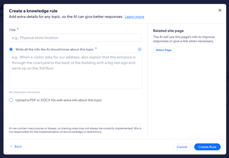 A screenshot of creating a knowledge rule in the AI site chat settings.