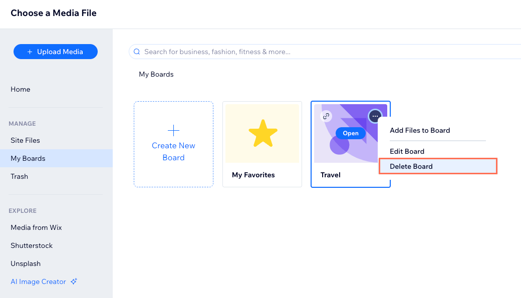 Wix 미디어 관리자의 내 보드 탭에서 보드를 삭제하는 스크린샷