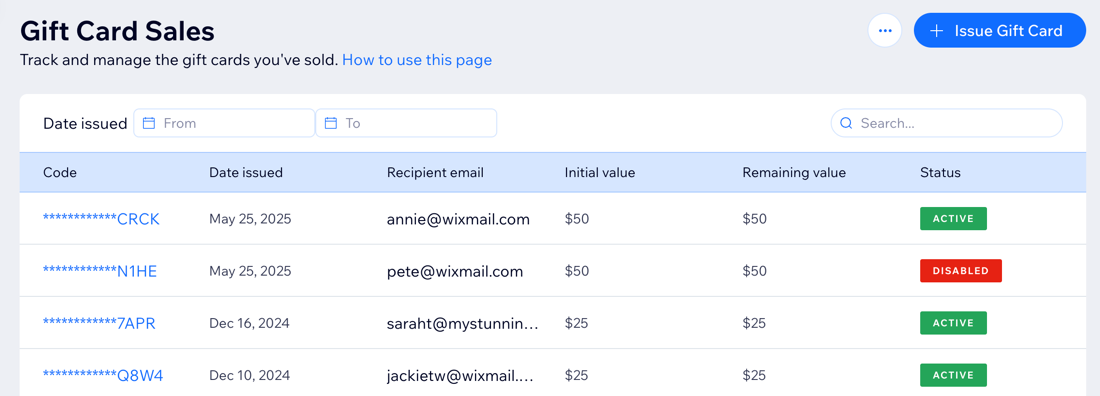 A screenshot of the gift card sales page.