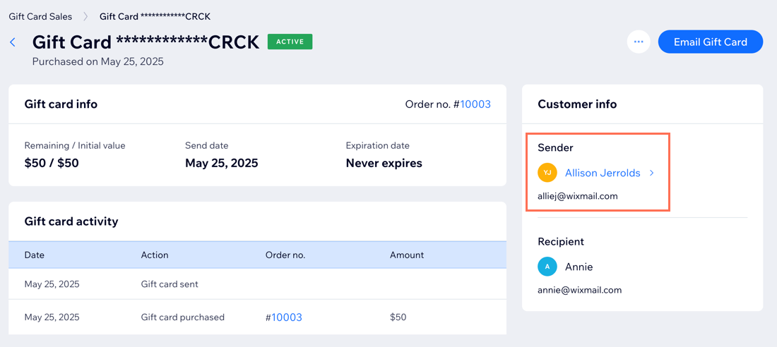 A screenshot of the sender information highlighted in a gift card page.