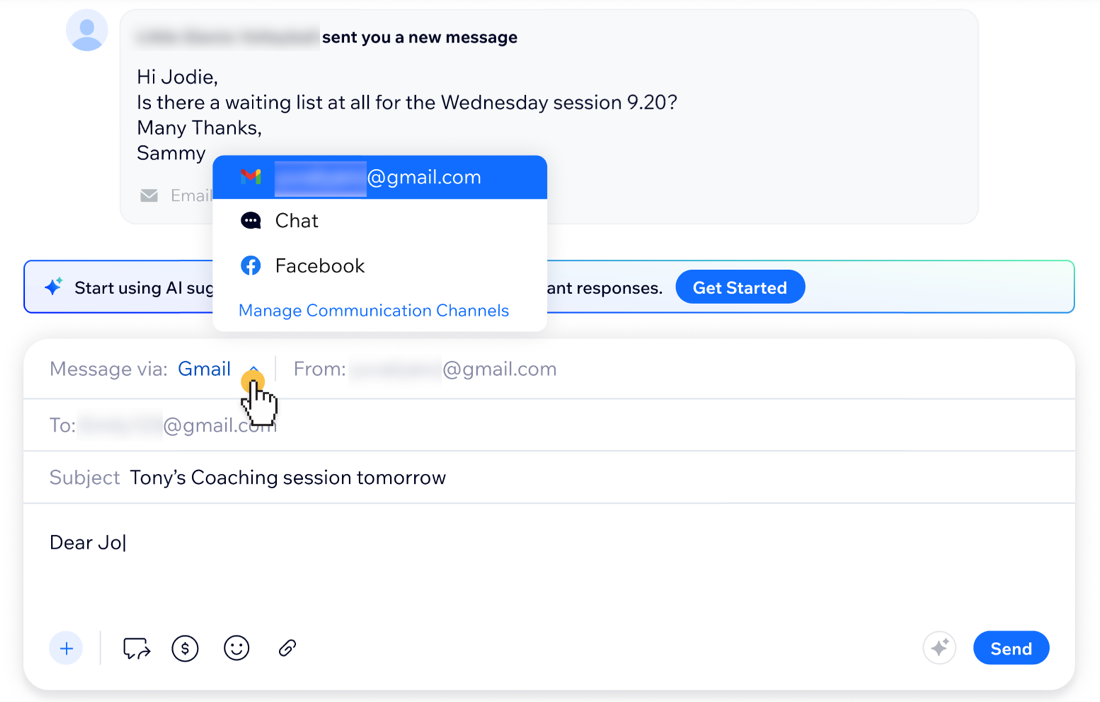 A screenshot of choosing which communication channel to message with in Wix Inbox.