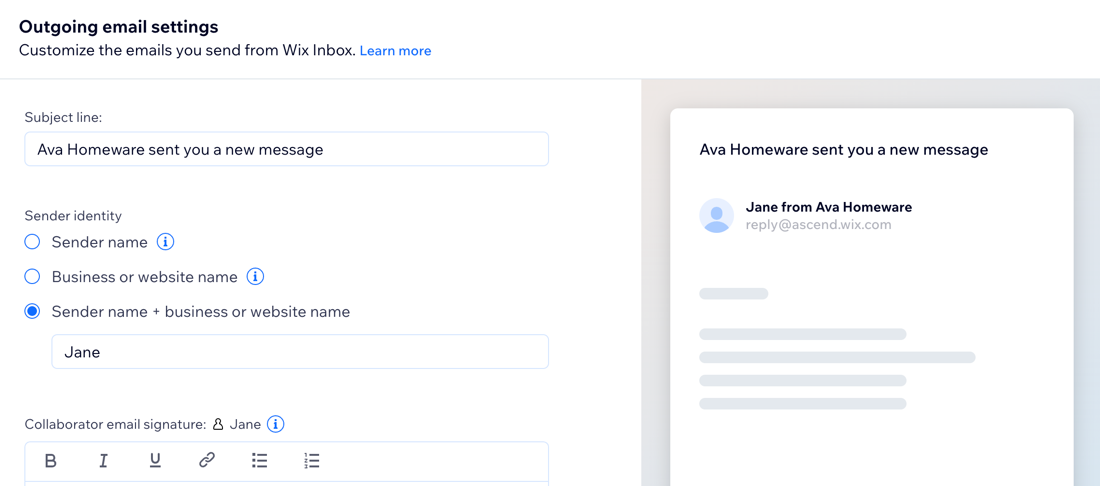 A screenshot of the outgoing email settings in Wix Inbox.