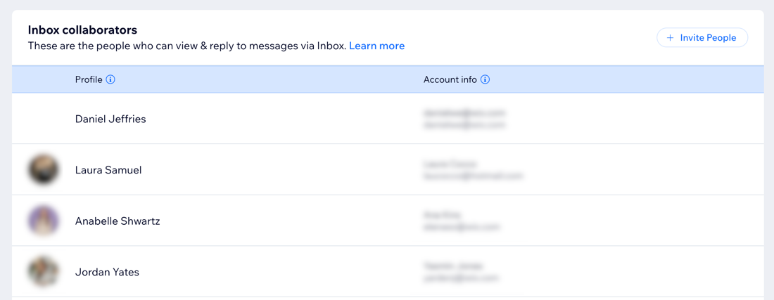 Uma captura de tela dos colaboradores do Inbox no Wix Inbox.