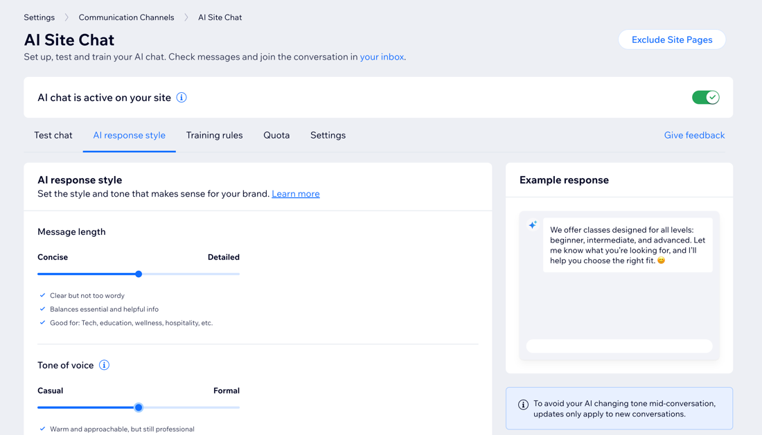 Wix AI Site Chat'teki yapay zeka yanıt stili ekranı.