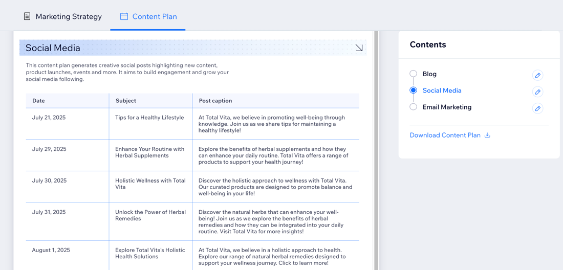 Captura de pantalla del plan de contenido para Agentes de marketing con IA.