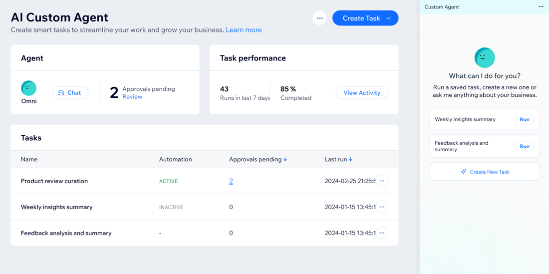 A screenshot of the AI custom agent dashboard.