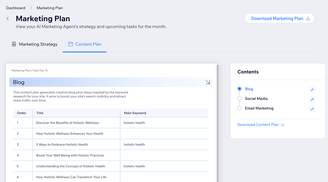 A screenshot of the AI marketing agent content plan.