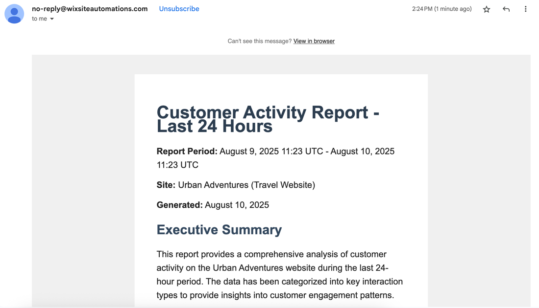 A screenshot of a summary report sent as an email.