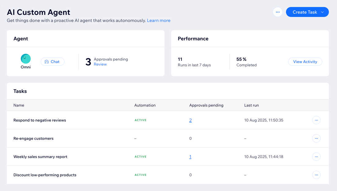 A screenshot of the AI Custom Agent dashboard.