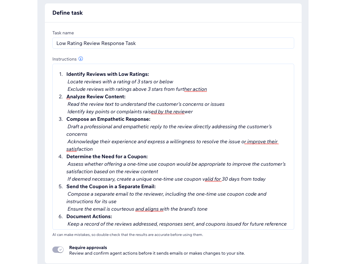 A screenshot of defining task instructions.