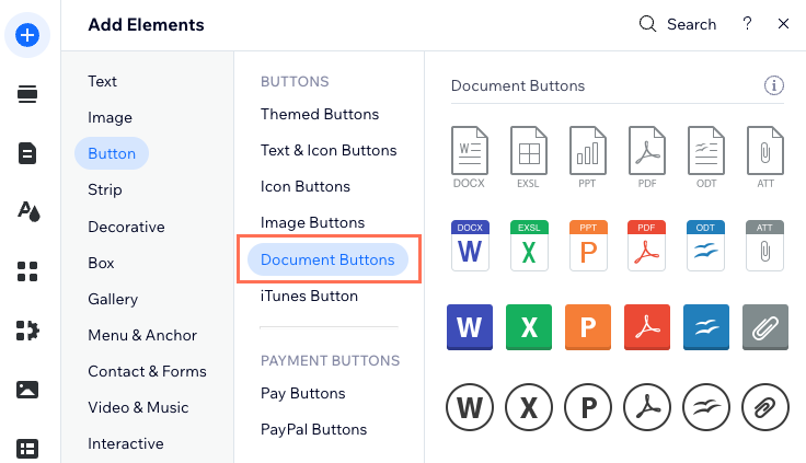A screenshot of document buttons in the Wix Editor.