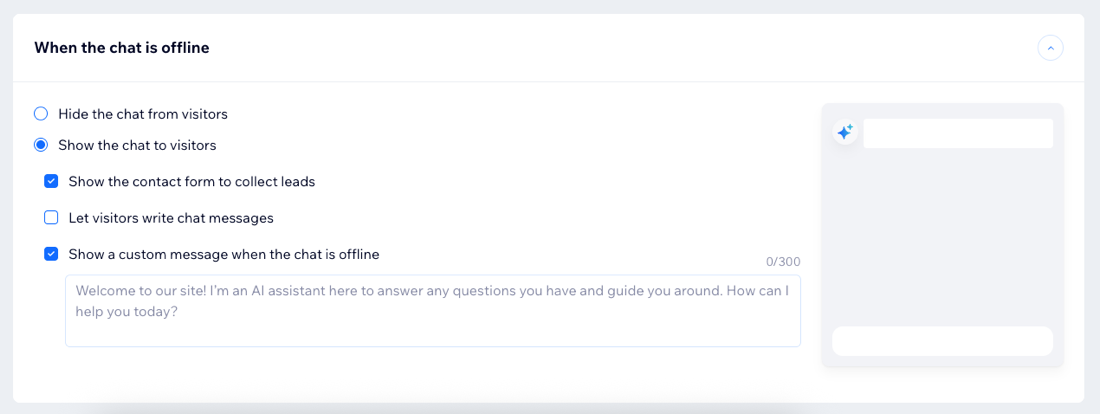Screenshot delle opzioni per quando la chat è offline nella scheda delle impostazioni dell'AI Site Chat