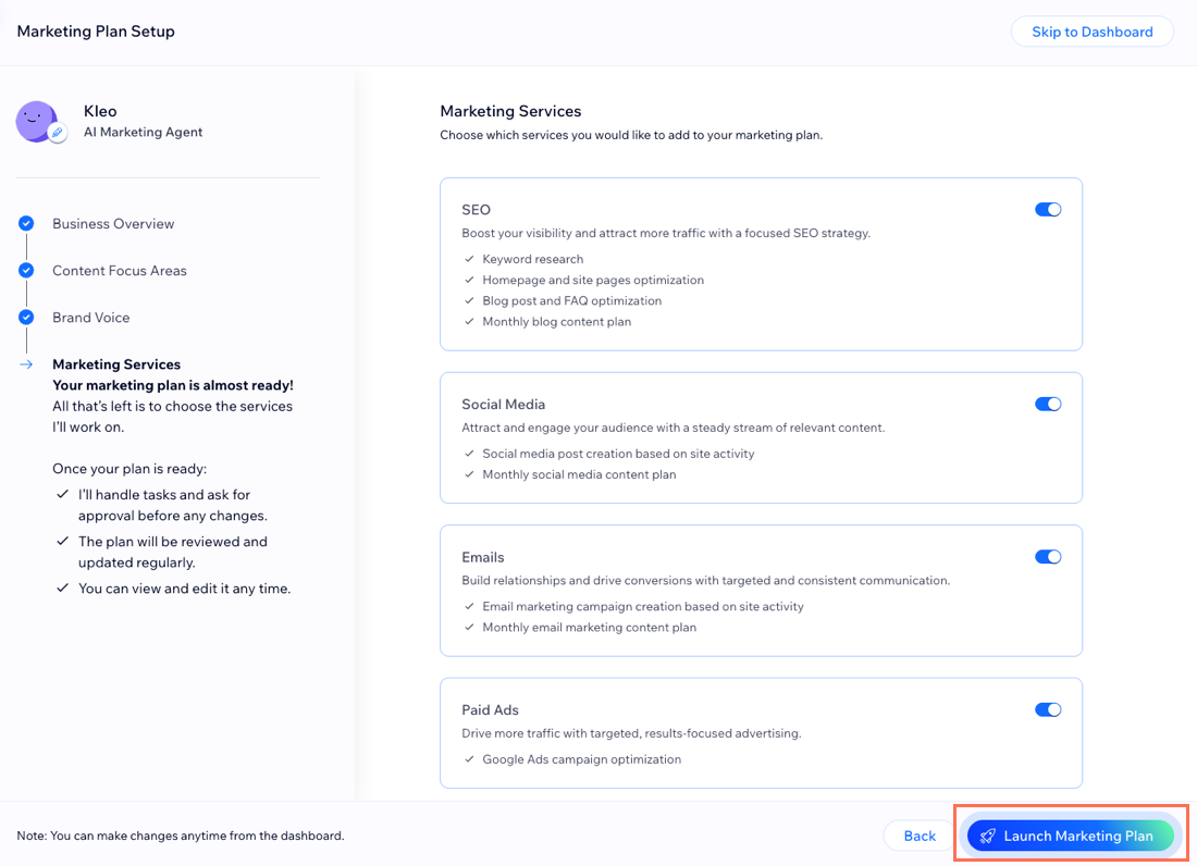 Een screenshot van de Marketingplan lanceren-knop in het marketingplan instellen.