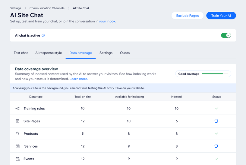 AI Site Chat'teki Veri kapsama sekmesinin ekran görüntüsü.
