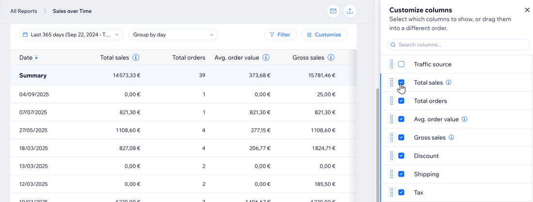 A screenshot of column options in a Sales over Time table report.
