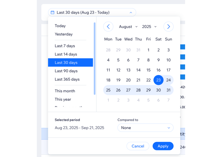 A screenshot of selecting a time period in a report.