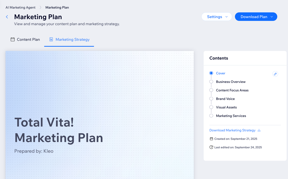 Een screenshot van een marketingplan