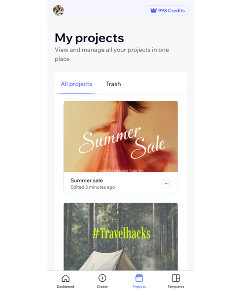 A screenshot of the projects page on the Wixel app.