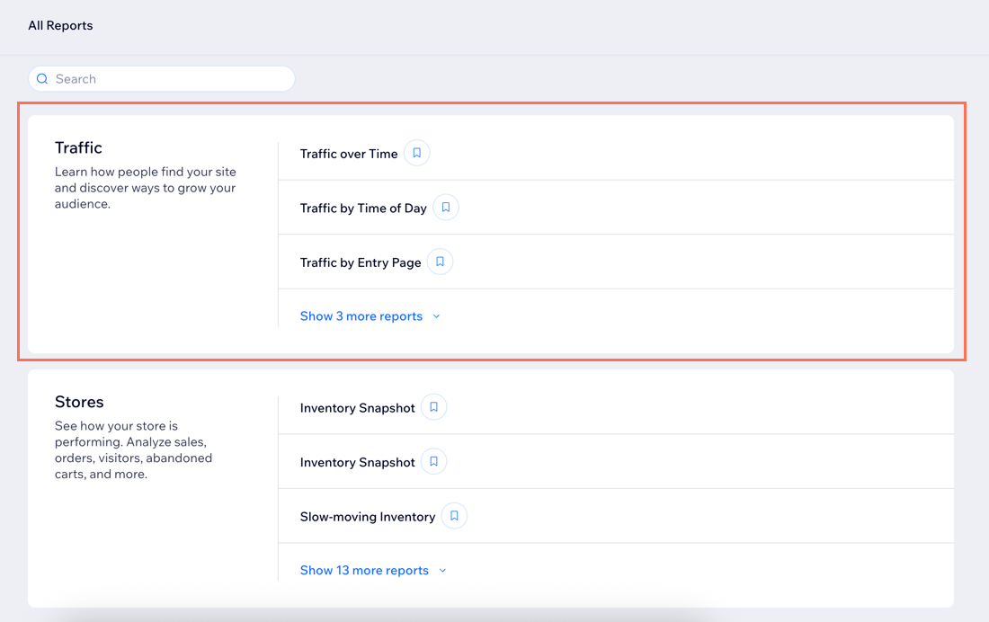 A screenshot of the traffic reports in the All Reports page in Wix Analytics.