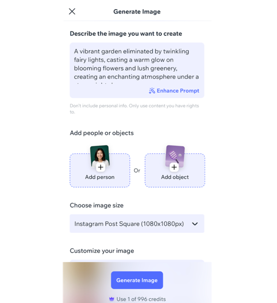 A screenshot of using the Generate Image tool in the Wixel app.