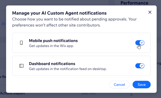 A screenshot of the manage notifications window in the AI Custom Agent