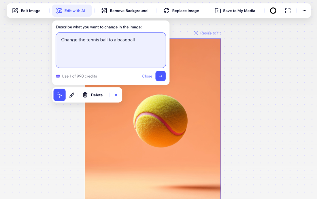 A screenshot of changing an image of a tennis ball to a baseball