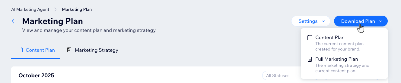 Een screenshot van het klikken op de Abonnement downloaden-dropdown in het Marketing Agent-dashboard.