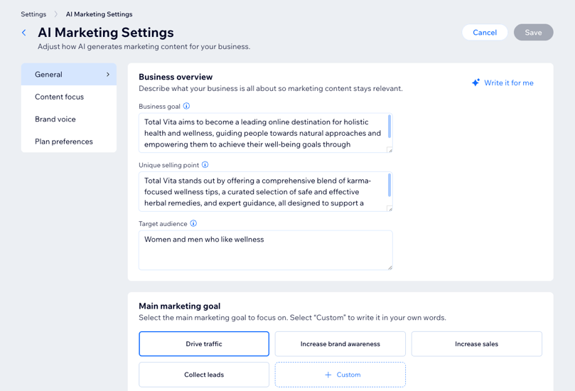 A screenshot of the AI Marketing Agent Settings.