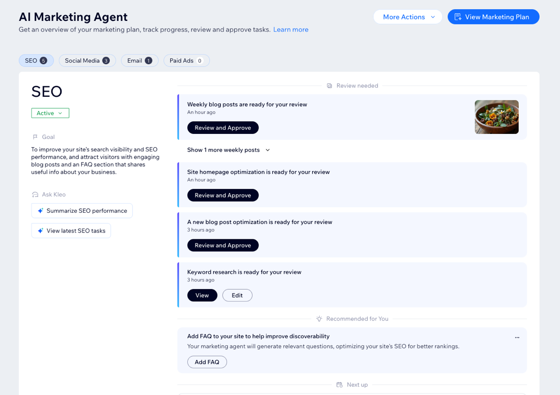 A screenshot of the AI Marketing Agent dashboard.