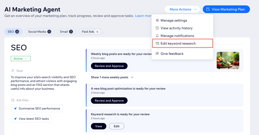 AI 마케팅 에이전트 대시보드의 키워드 스터디 편집 옵션을 강조 표시하는 스크린샷